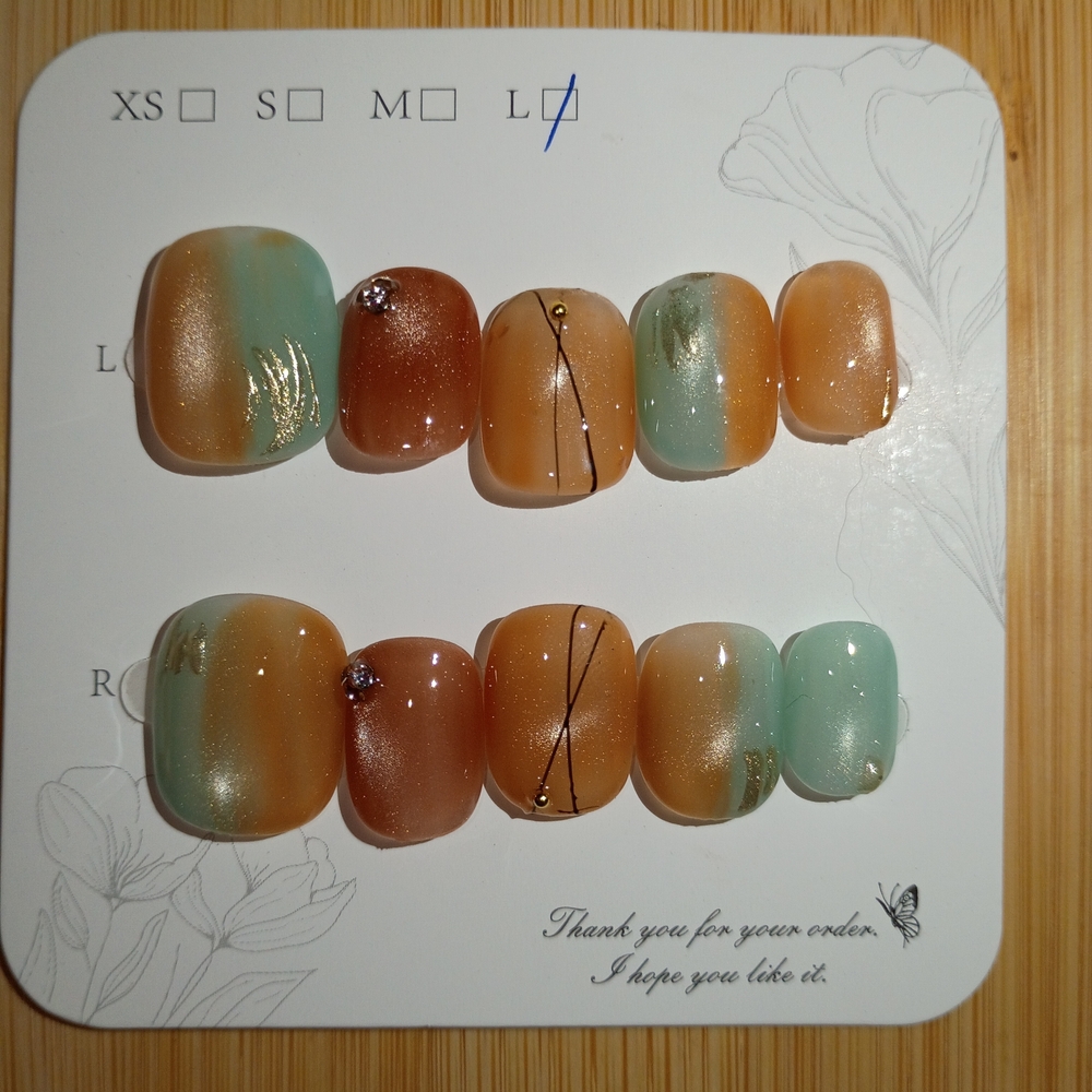 Gradient Orange and Blue Cat Eye Press-On Shorty Nails